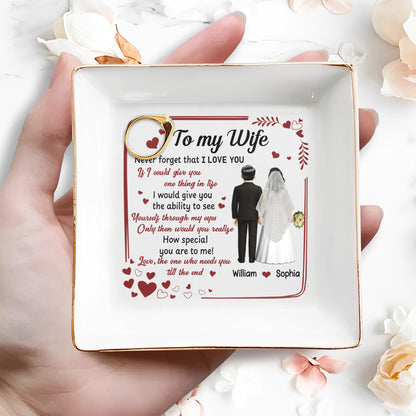 À ma femme, n'oublie jamais que je t'aime, cœurs, couple de mariés - Plat à bijoux personnalisé, plat carré en céramique - CPL444_SCRD