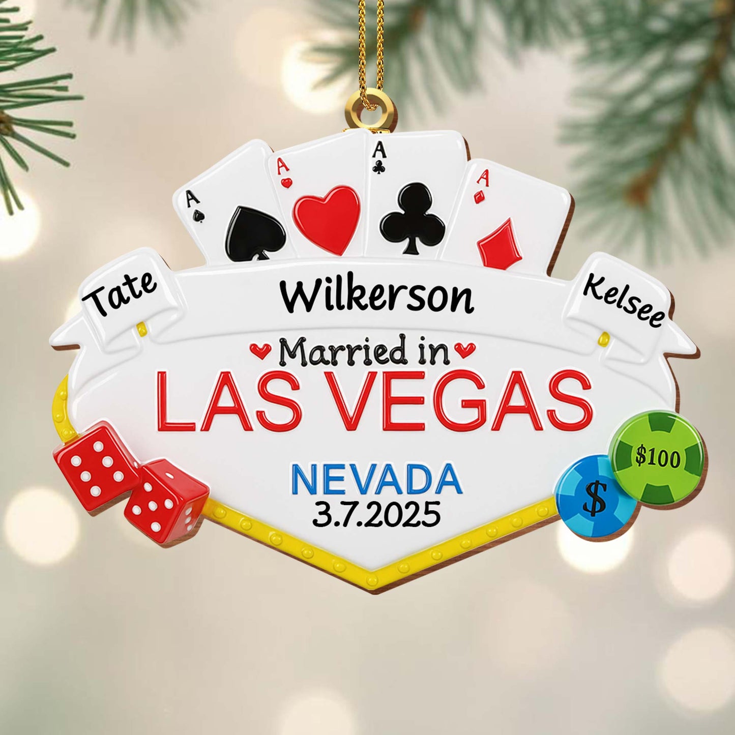 Married in Las Vegas With Playing Cards, Dice, and Poker Chips - Personalized Custom Wood Ornament, Custom Shaped - CPL464_WDO