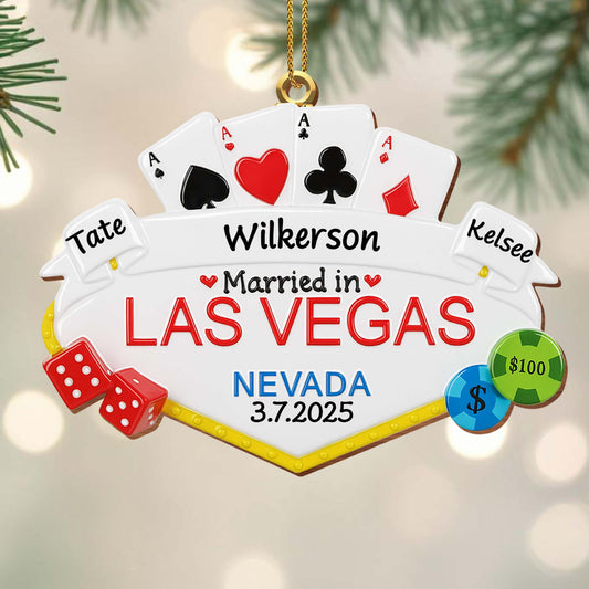 Married in Las Vegas With Playing Cards, Dice, and Poker Chips - Personalized Custom Wood Ornament, Custom Shaped - CPL464_WDO