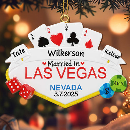 Married in Las Vegas With Playing Cards, Dice, and Poker Chips - Personalized Custom Wood Ornament, Custom Shaped - CPL464_WDO