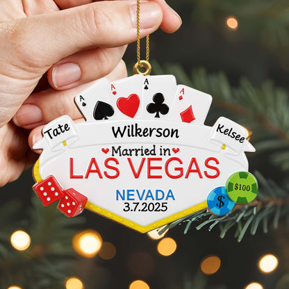 Married in Las Vegas With Playing Cards, Dice, and Poker Chips - Personalized Custom Wood Ornament, Custom Shaped - CPL464_WDO