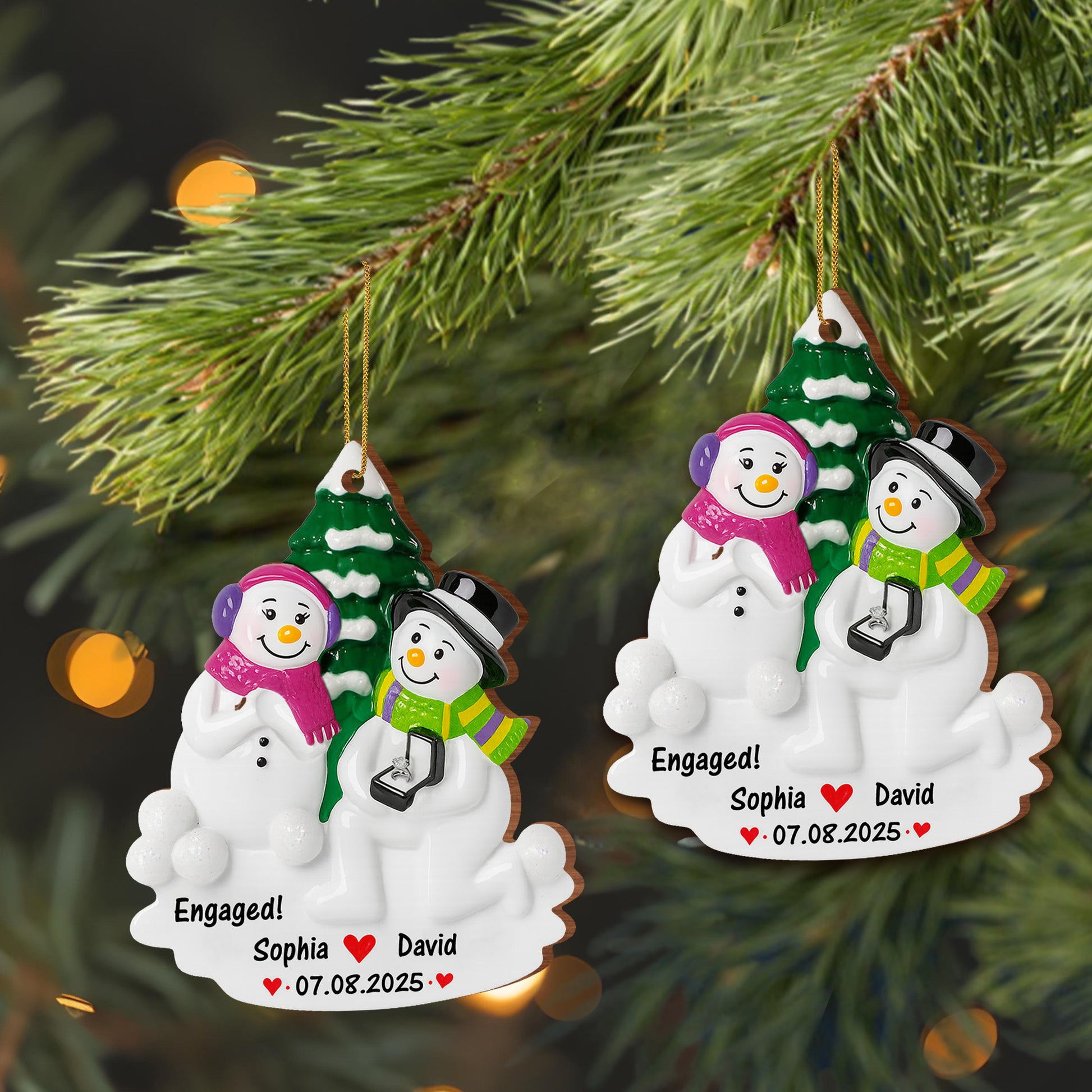 Engaged Snowmen With Christmas Tree Ornament