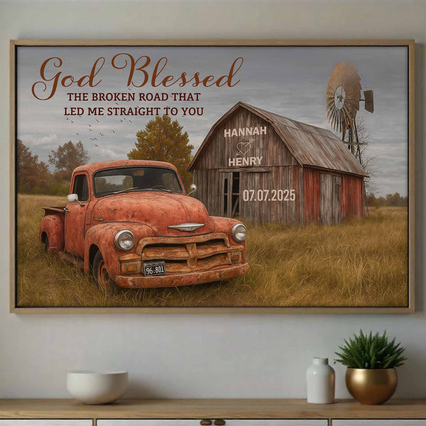 God Blessed The Broken Road, Vintage Car And Barn