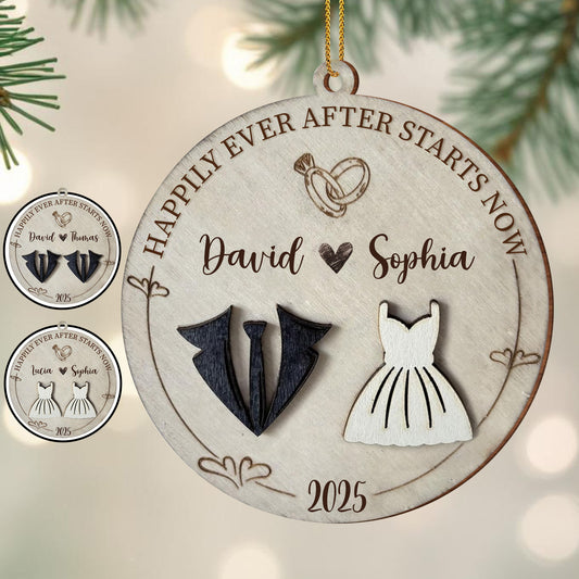 The Year We Became Us, Heart, Wedding Dress And Suit - Personalized Custom Wood Ornament, Custom Shaped - CPL490_WDO