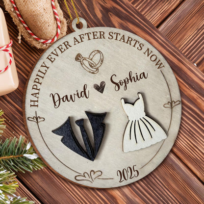 The Year We Became Us, Heart, Wedding Dress And Suit - Personalized Custom Wood Ornament, Custom Shaped - CPL490_WDO