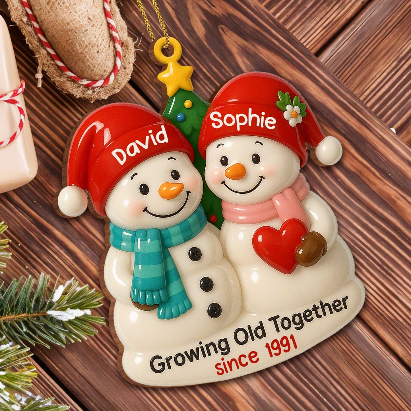 Growing Old Together, Snowmen With Christmas Hats - Personalized Custom Wood Ornament, Custom Shaped - CPL498_WDO
