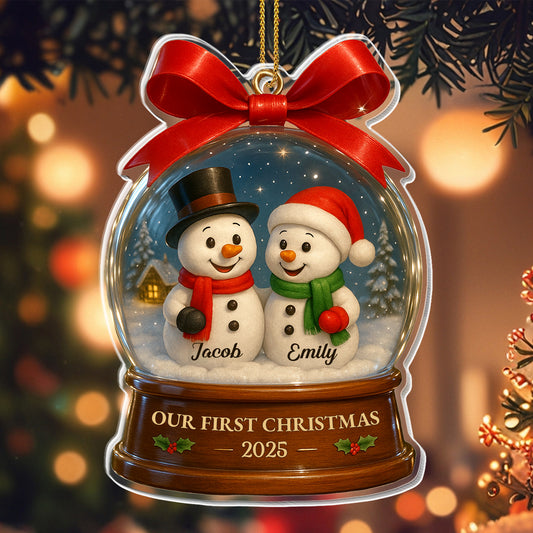 Our First Christmas With Joyful Snowmen In Snow Globe - Personalized Custom Acrylic Ornament, Christmas Gift - CPL552_ACO