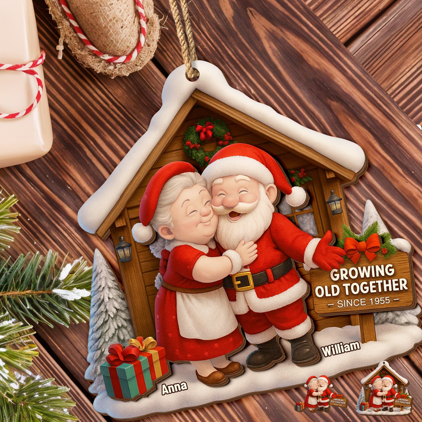 Growing Old Together, Santa Claus And Christmas Tree - Personalized Double Layer Wood Ornament - CPL563_DWO