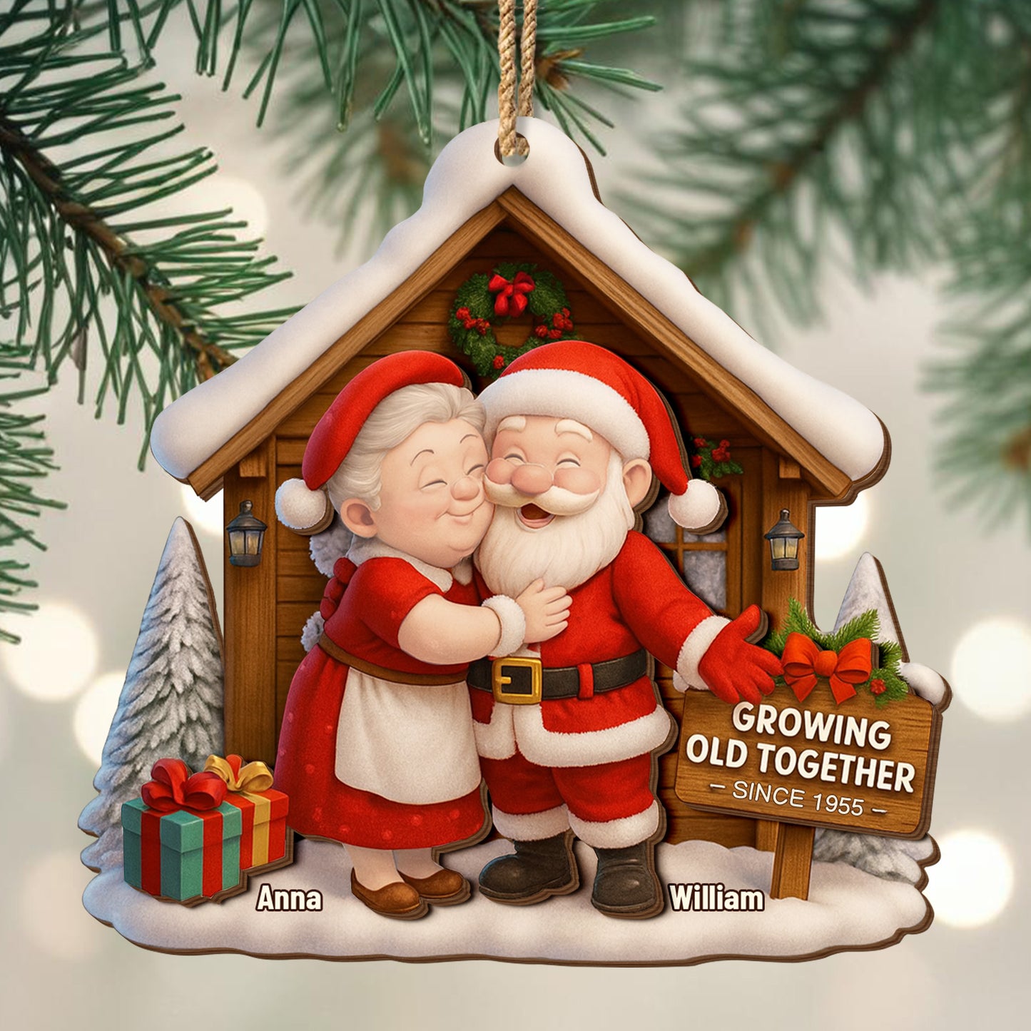Growing Old Together, Santa Claus And Christmas Tree - Personalized Double Layer Wood Ornament - CPL563_DWO