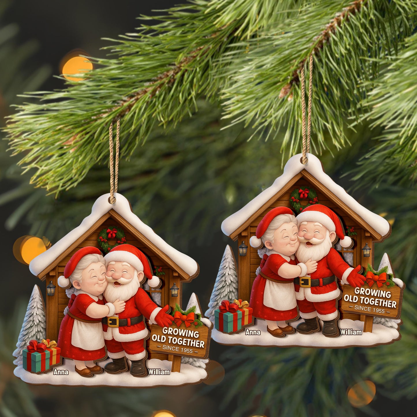 Growing Old Together, Santa Claus And Christmas Tree - Personalized Double Layer Wood Ornament - CPL563_DWO