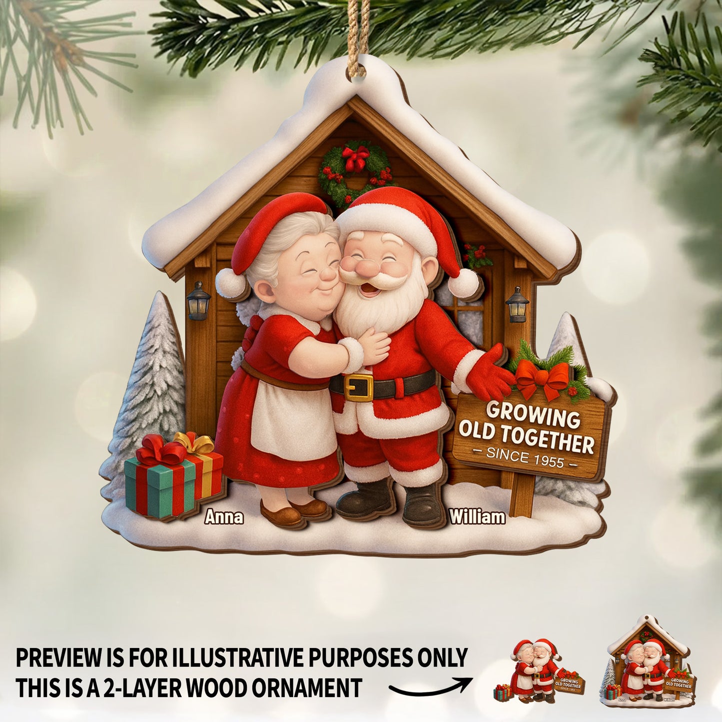 Growing Old Together, Santa Claus And Christmas Tree - Personalized Double Layer Wood Ornament - CPL563_DWO