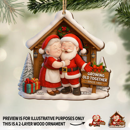 Growing Old Together, Santa Claus And Christmas Tree - Personalized Double Layer Wood Ornament - CPL563_DWO