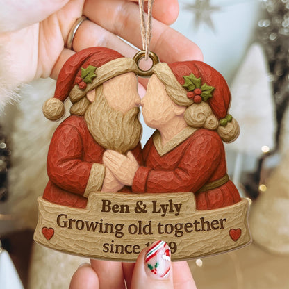 Growing Old Together, Santa Hats And Christmas Outfit - Personalized Custom Wood Ornament, Custom Shaped - CPL654_WDO