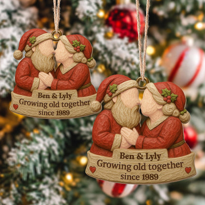 Growing Old Together, Santa Hats And Christmas Outfit - Personalized Custom Wood Ornament, Custom Shaped - CPL654_WDO