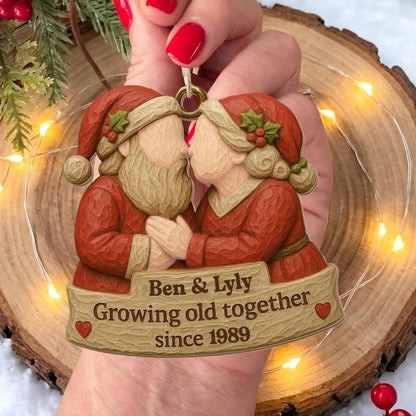 Growing Old Together, Santa Hats And Christmas Outfit - Personalized Custom Wood Ornament, Custom Shaped - CPL654_WDO