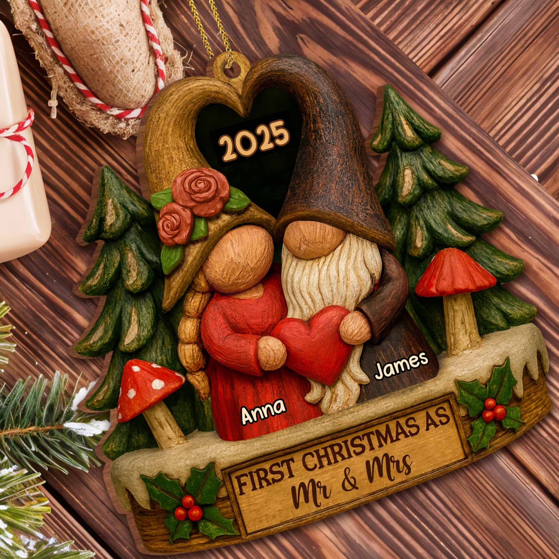 First Christmas As Mr & Mrs With Gnomes And Heart