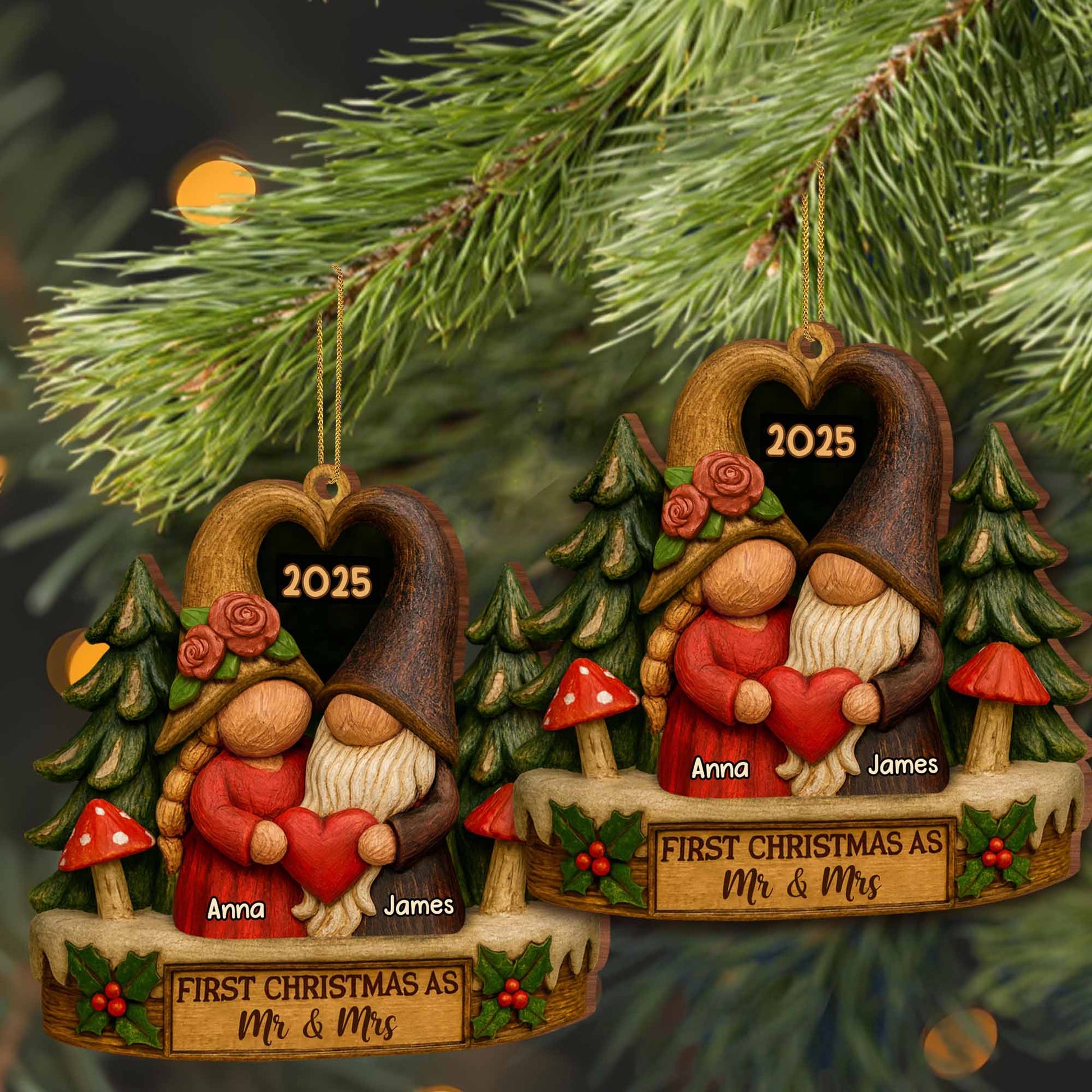 First Christmas As Mr & Mrs With Gnomes And Heart