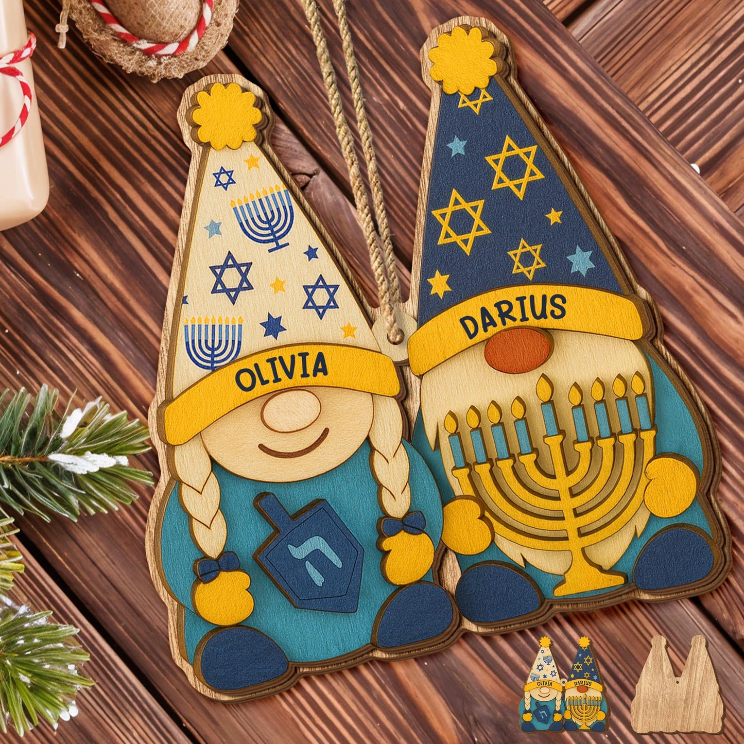 Celebrate Hanukkah With Traditional Symbols Ornament - Personalized Double Layer Wood Ornament - CPL700_DWO