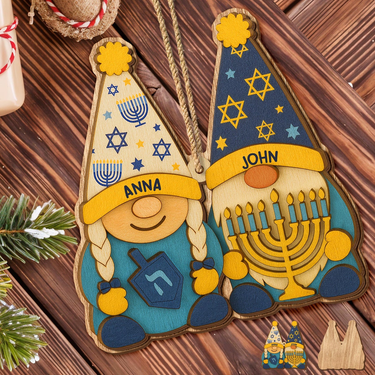 Celebrate Hanukkah With Traditional Symbols Ornament - Personalized Double Layer Wood Ornament - CPL700_DWO