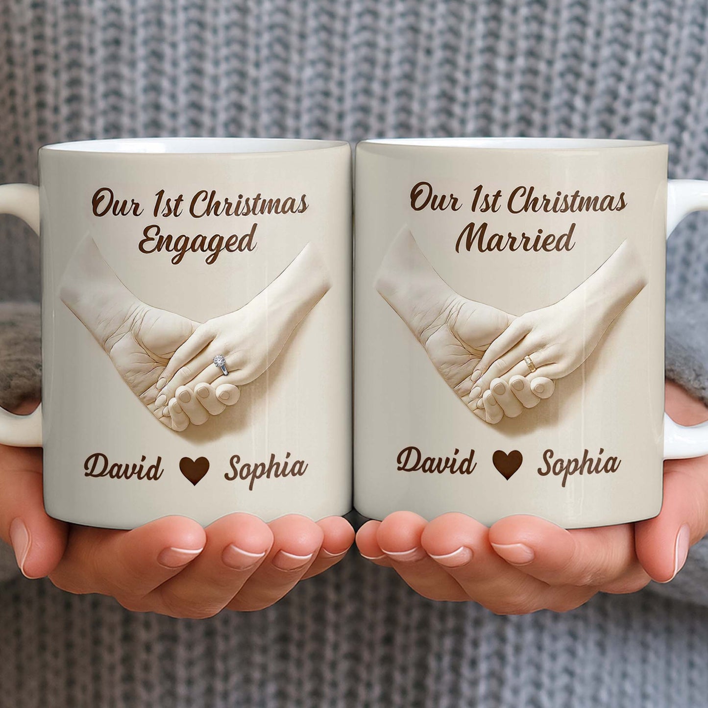 Our 1st Christmas Engaged, Hands Holding With Ring - Personalized Custom Coffee Mug - CPL773_MG