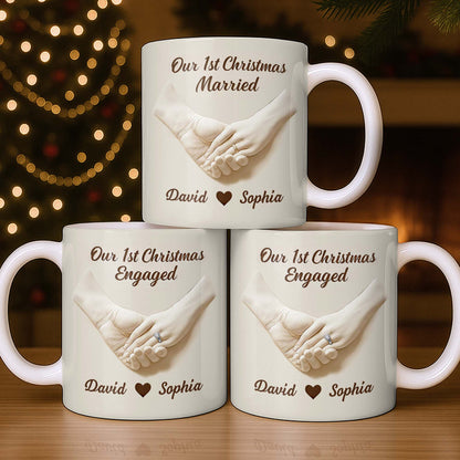 Our 1st Christmas Engaged, Hands Holding With Ring - Personalized Custom Coffee Mug - CPL773_MG