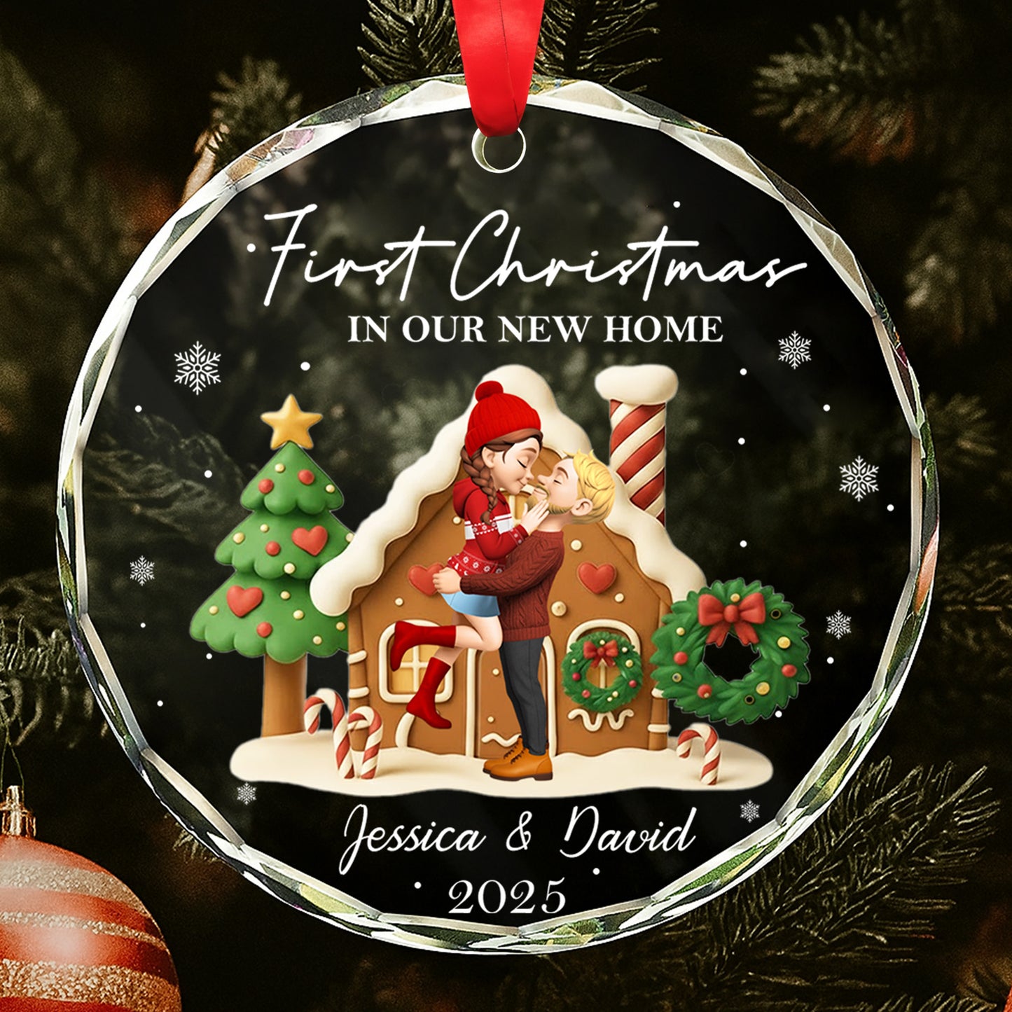 First Christmas In Our New Home, Christmas Tree And Candy Cane - Personalized Custom Circle Glass Ornament - CPL837_CGOR