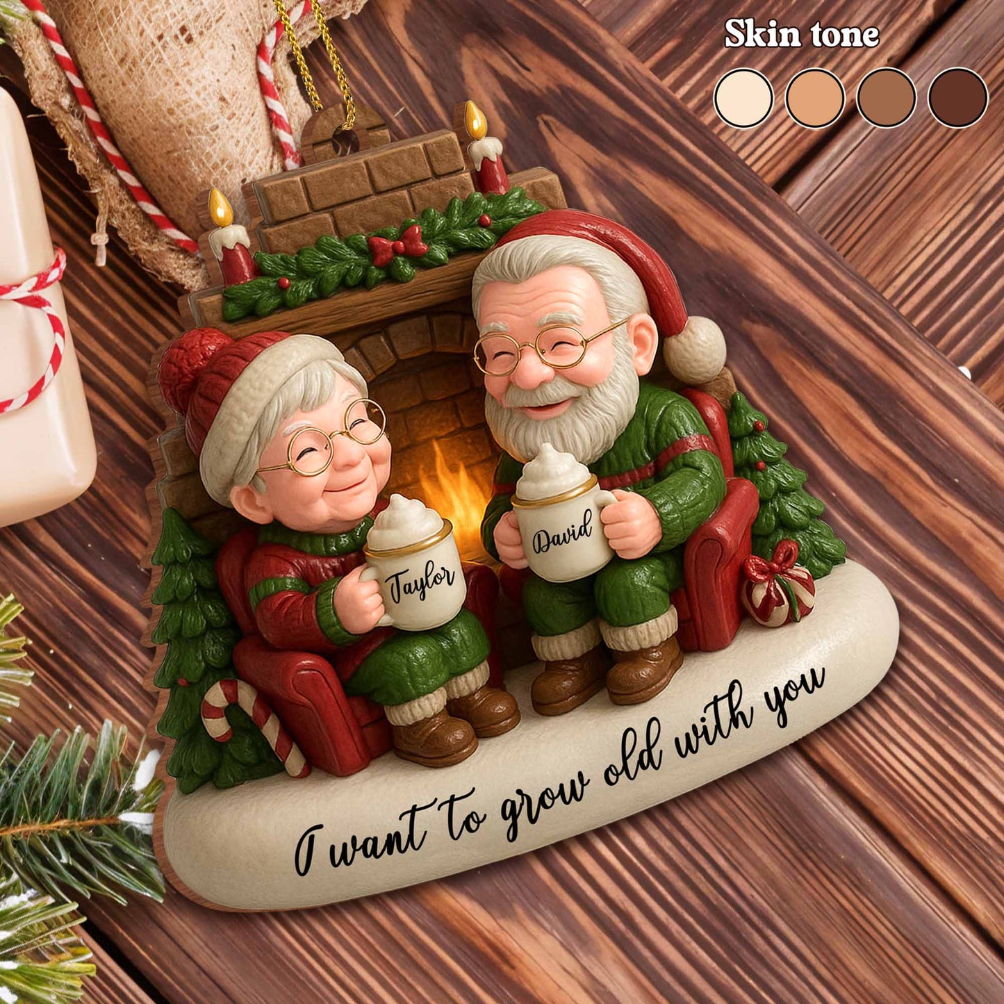 I Want To Grow Old With You, Elderly Couple By The Fireplace - Personalized Custom Wood Ornament, Custom Shaped - CPL838_WDO