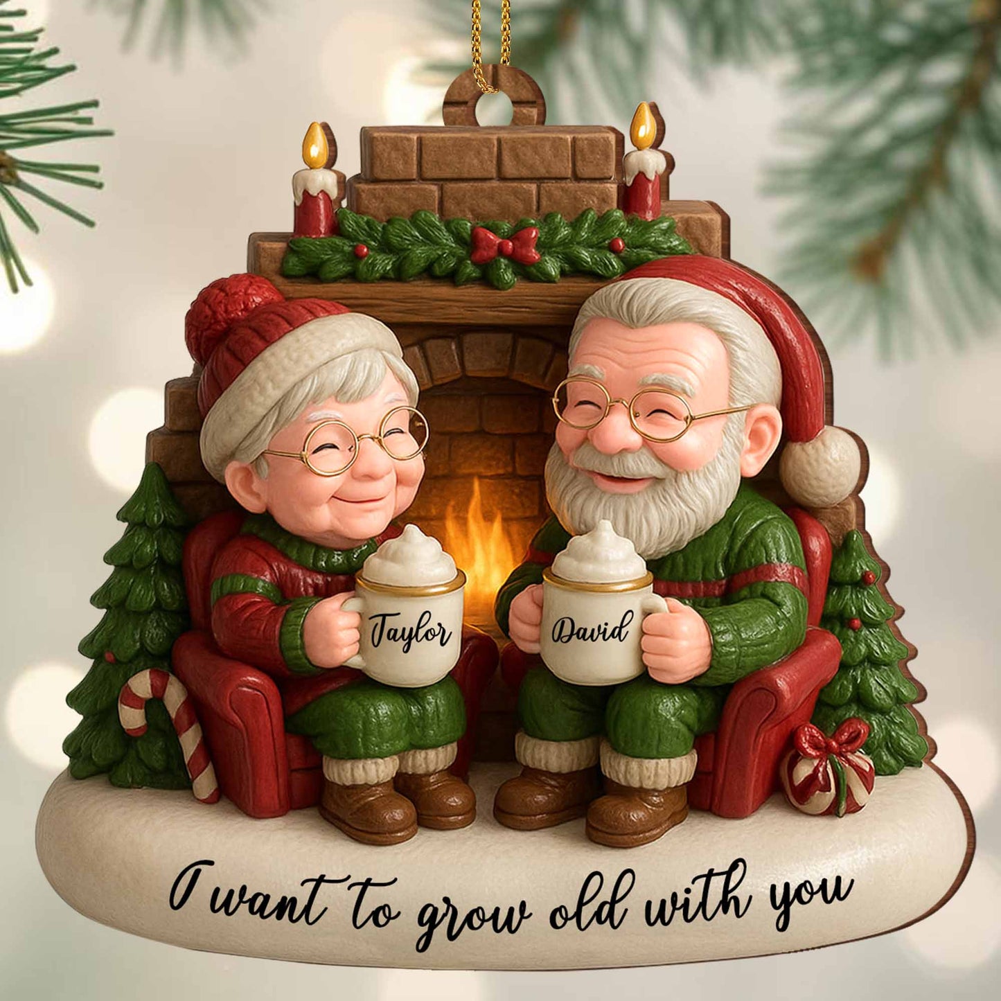 I Want To Grow Old With You, Elderly Couple By The Fireplace - Personalized Custom Wood Ornament, Custom Shaped - CPL838_WDO