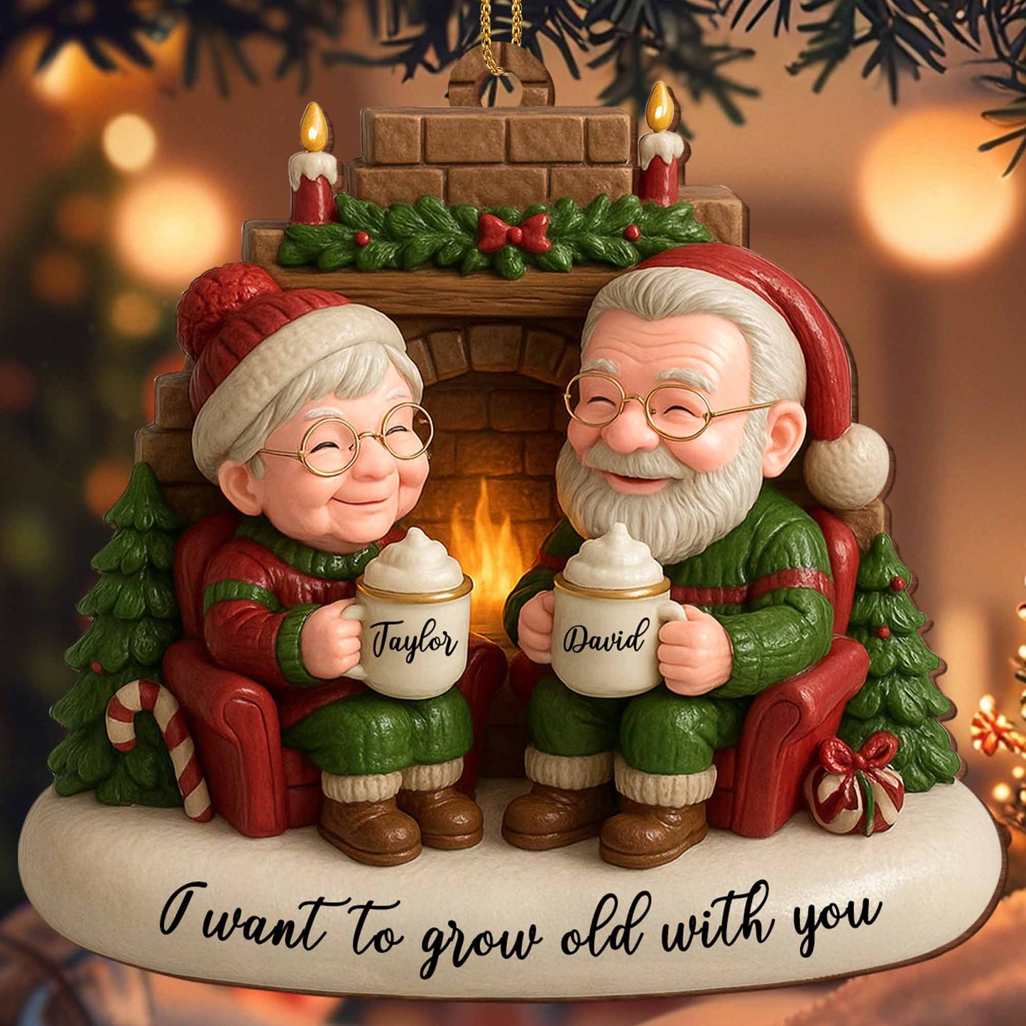 I Want To Grow Old With You, Elderly Couple By The Fireplace - Personalized Custom Wood Ornament, Custom Shaped - CPL838_WDO