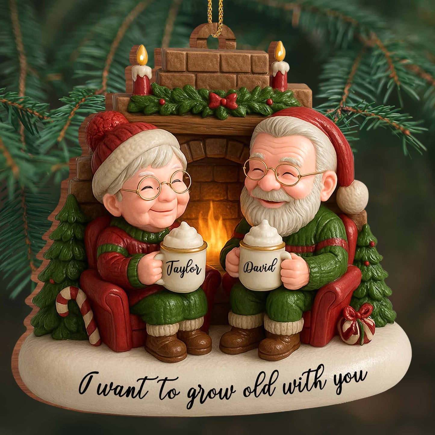 I Want To Grow Old With You, Elderly Couple By The Fireplace - Personalized Custom Wood Ornament, Custom Shaped - CPL838_WDO