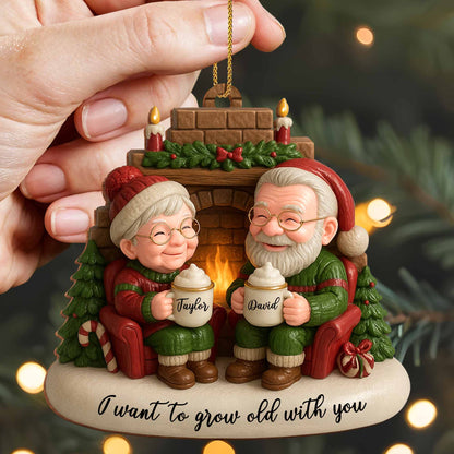 I Want To Grow Old With You, Elderly Couple By The Fireplace - Personalized Custom Wood Ornament, Custom Shaped - CPL838_WDO