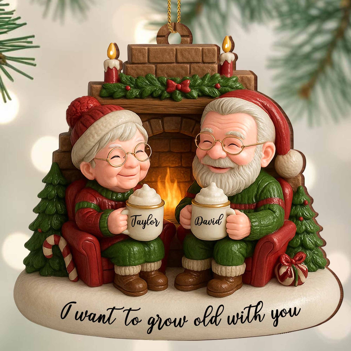 I Want To Grow Old With You, Elderly Couple By The Fireplace - Personalized Custom Wood Ornament, Custom Shaped - CPL838_WDO