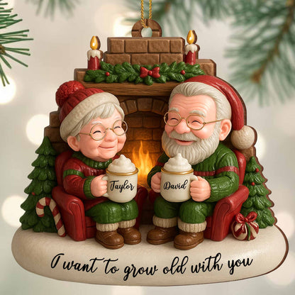 I Want To Grow Old With You, Elderly Couple By The Fireplace - Personalized Custom Wood Ornament, Custom Shaped - CPL838_WDO