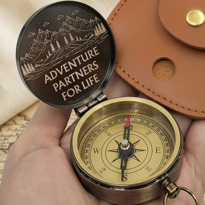 Adventure Partners For Life Mountains And Hiking Couple Engraved Brass Compass - Personalized Engraved Brass Compass - CPL839_ECPASS