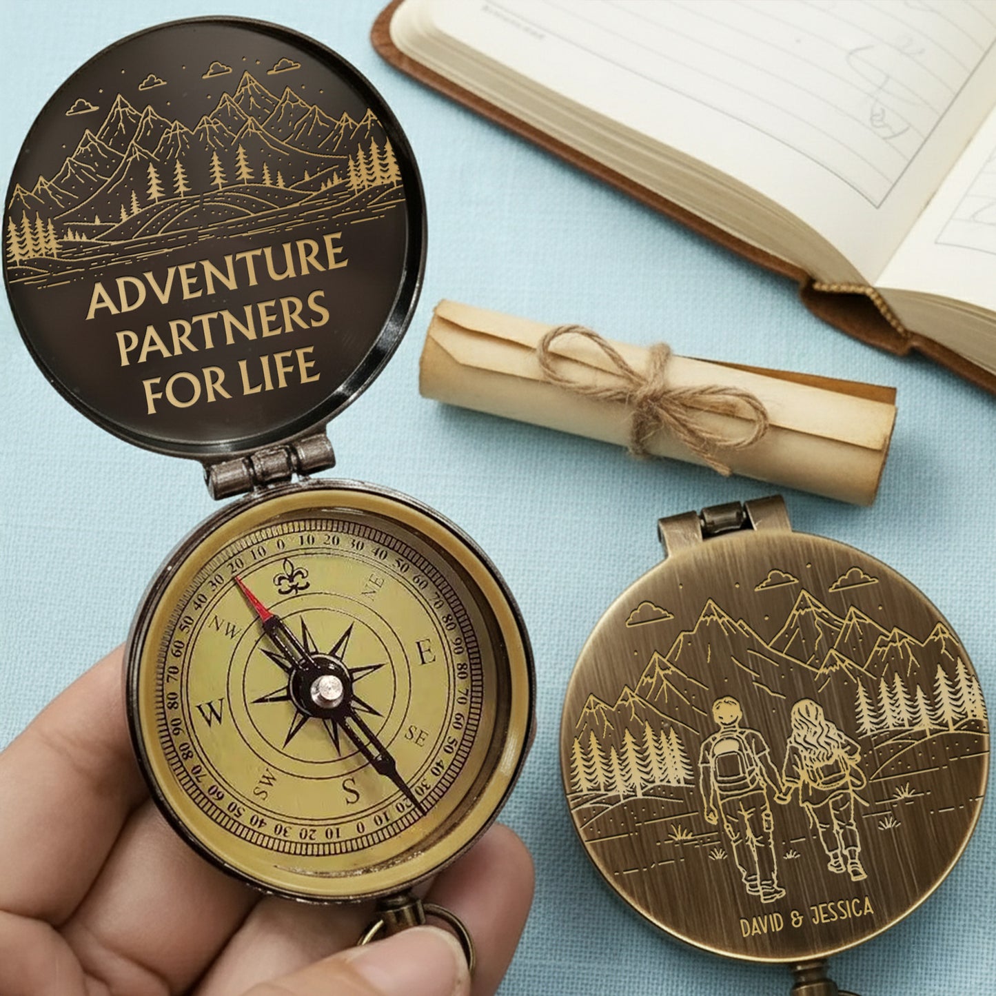 Adventure Partners For Life Mountains And Hiking Couple Engraved Brass Compass - Personalized Engraved Brass Compass - CPL839_ECPASS
