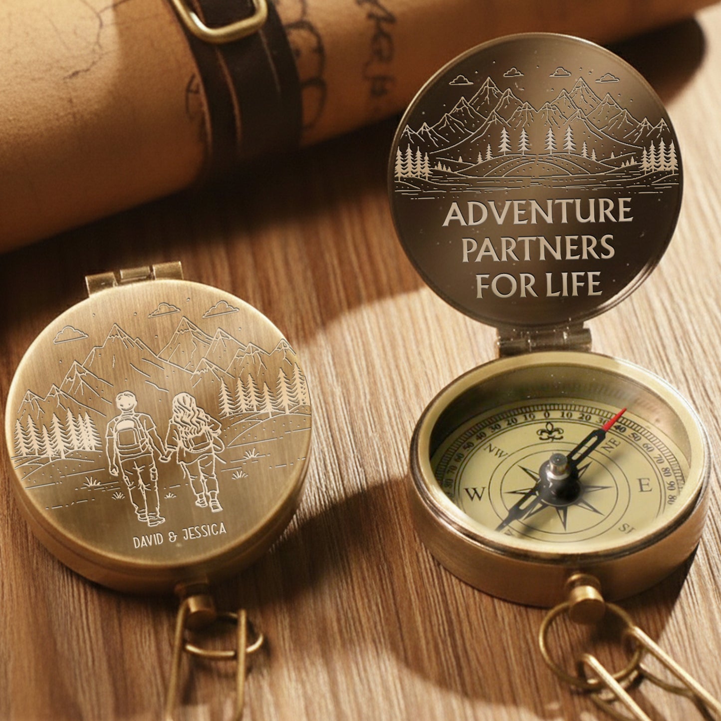 Adventure Partners For Life Mountains And Hiking Couple Engraved Brass Compass - Personalized Engraved Brass Compass - CPL839_ECPASS