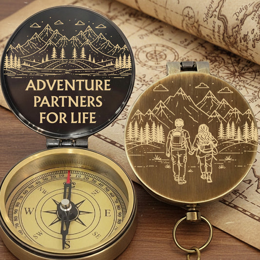 Adventure Partners For Life Mountains And Hiking Couple Engraved Brass Compass - Personalized Engraved Brass Compass - CPL839_ECPASS