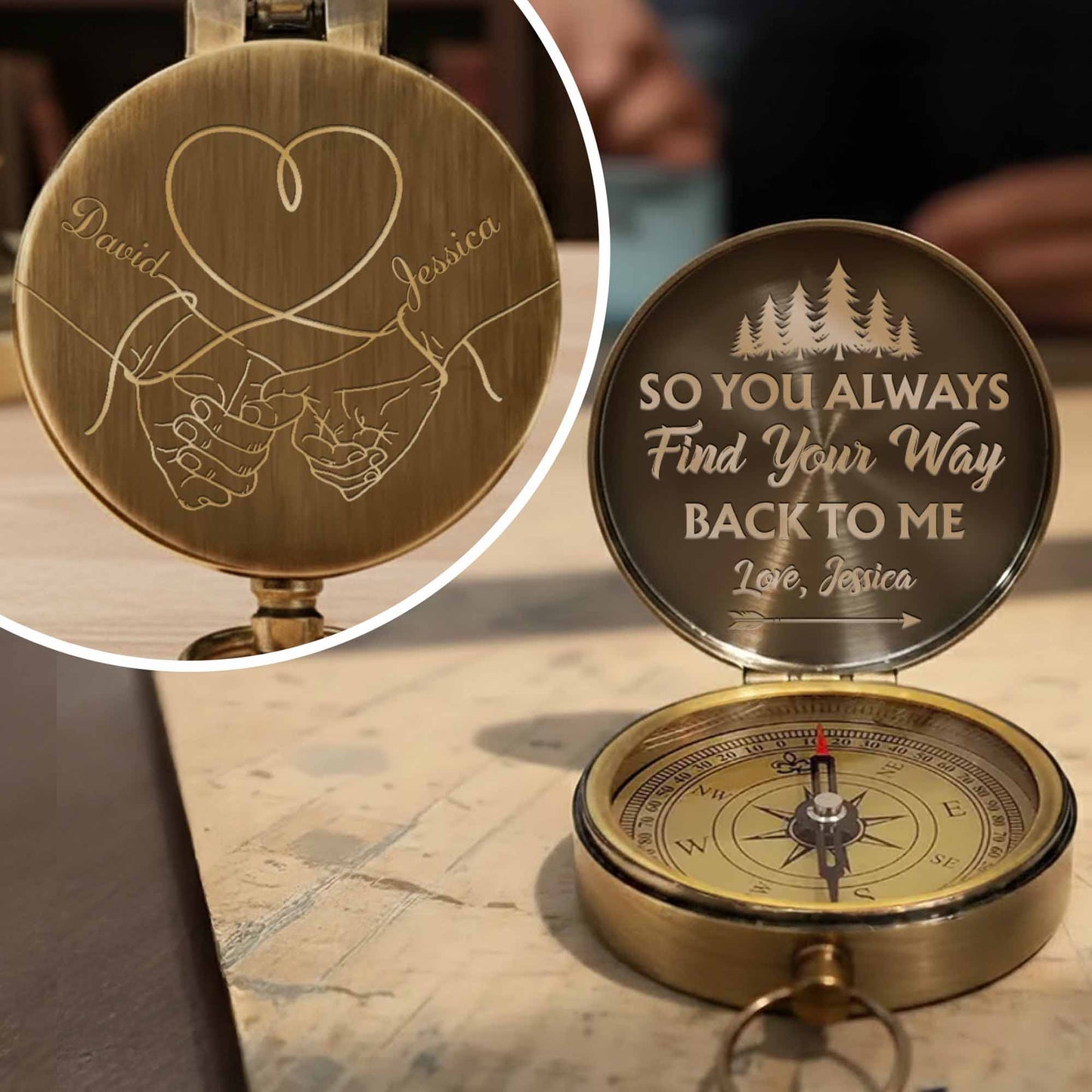 So You Always Find Your Way Back To Me Pinky Swear Heart Pine Trees - Personalized Engraved Brass Compass - CPL840_ECPASS