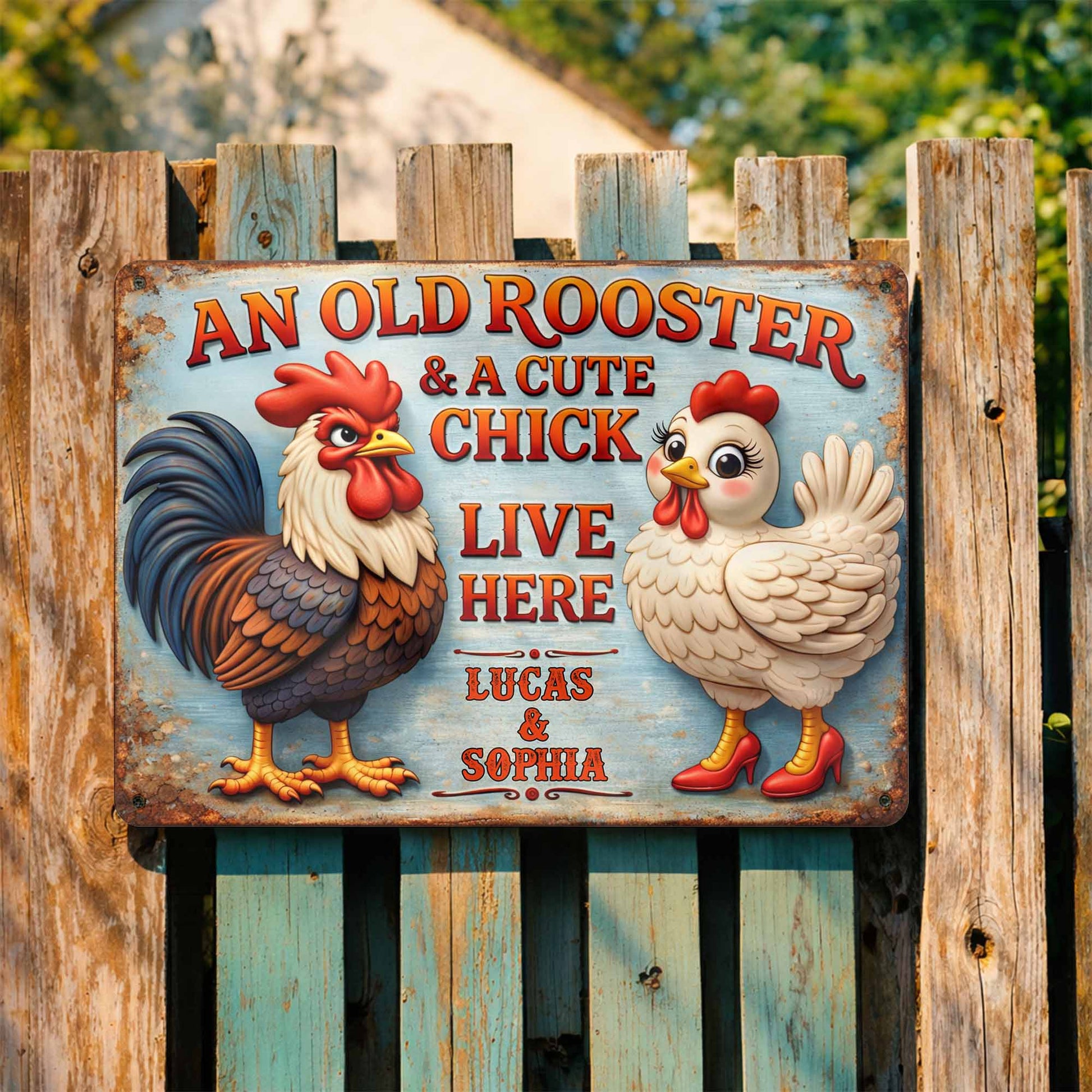 An Old Rooster And A Cute Chick Live Here Sign