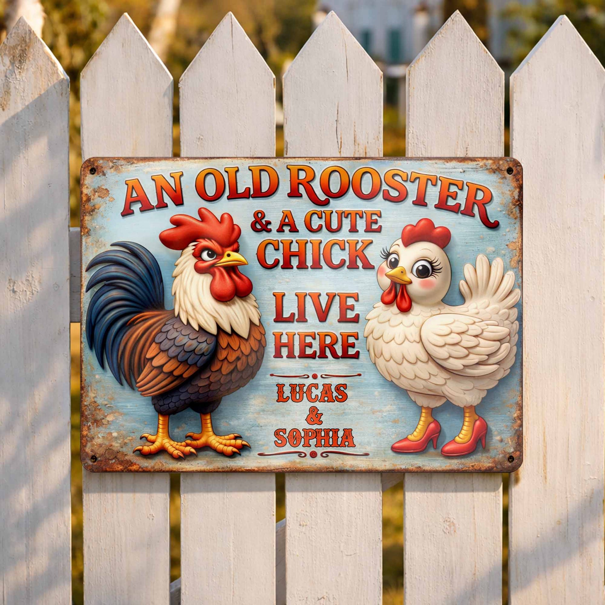 An Old Rooster And A Cute Chick Live Here Sign