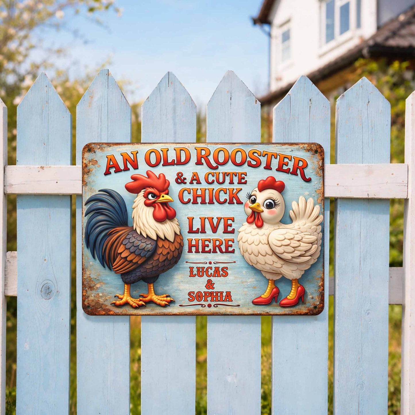 An Old Rooster And A Cute Chick Live Here Sign