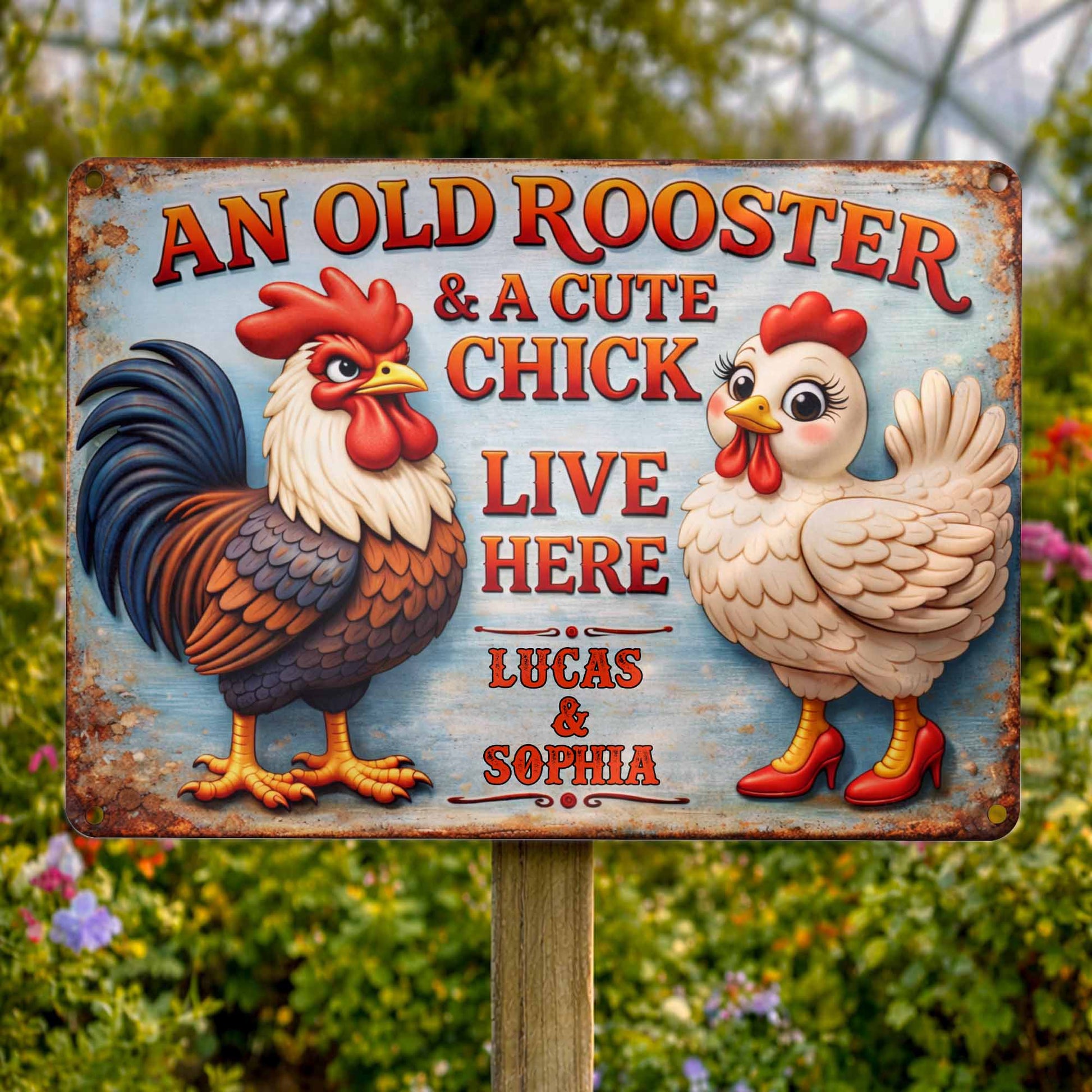 An Old Rooster And A Cute Chick Live Here Sign