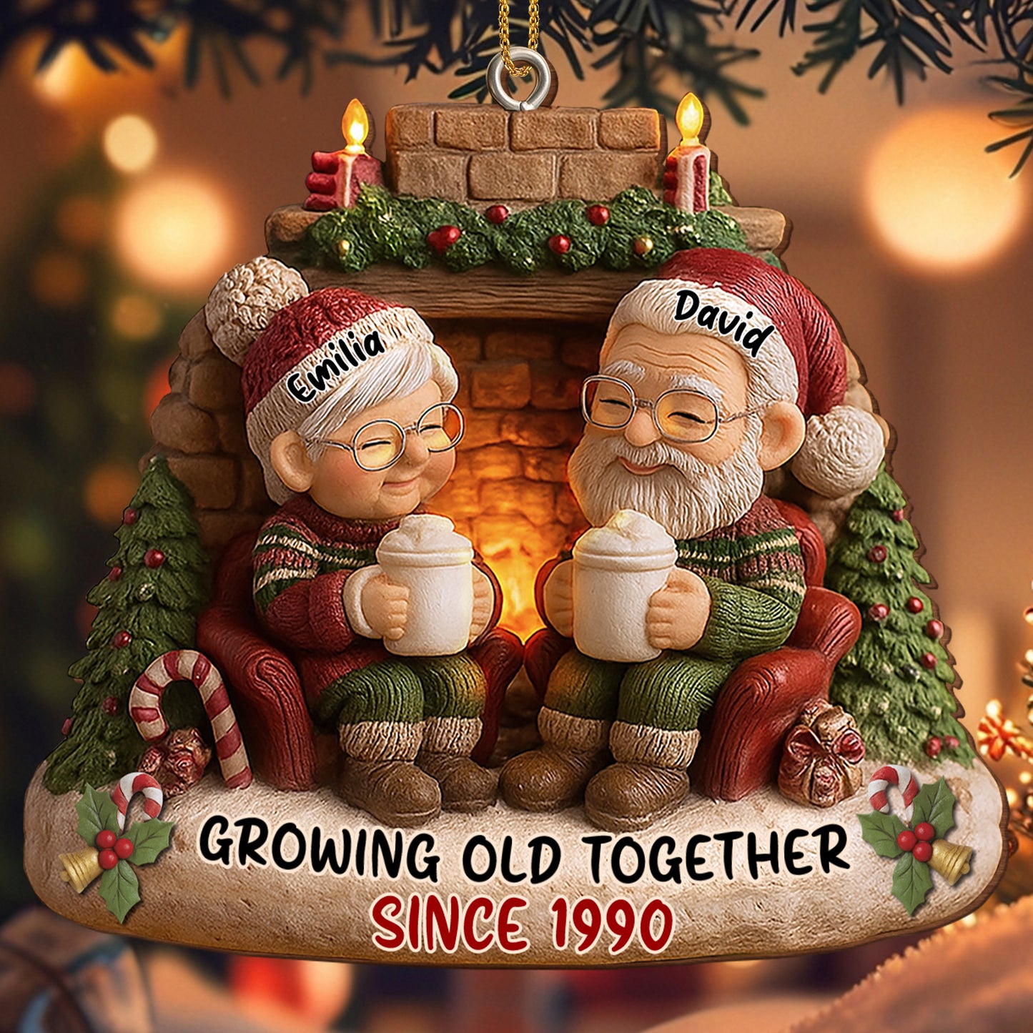 Growing Old Together, Candles And Fireplace Holiday Ornament - Personalized Custom Wood Ornament, Custom Shaped - CPL879_WDO