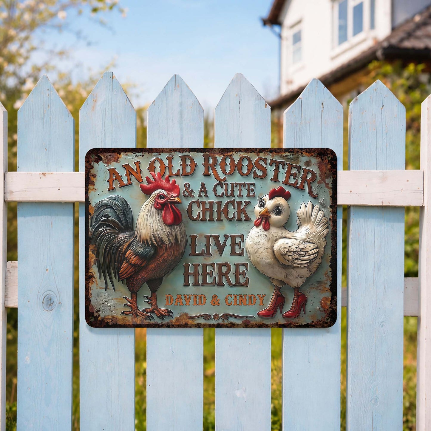 An Old Rooster & A Cute Chick Live Here
