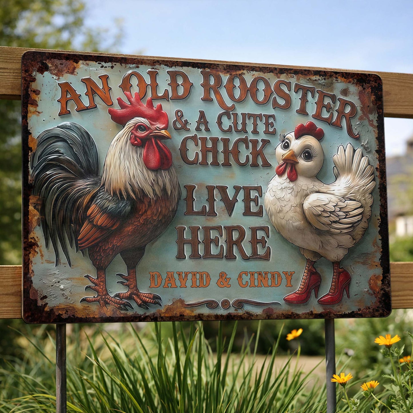An Old Rooster & A Cute Chick Live Here