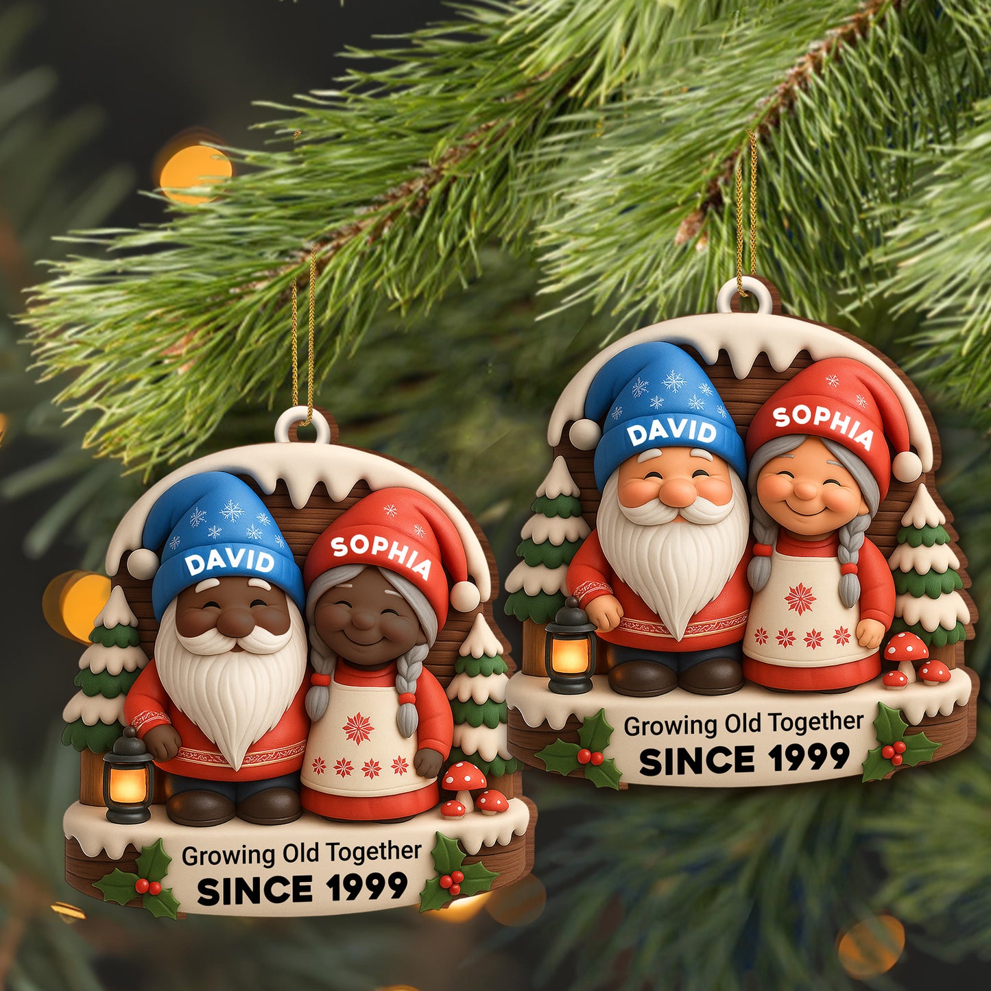 Growing Old Together With Snow Couple And Christmas Tree