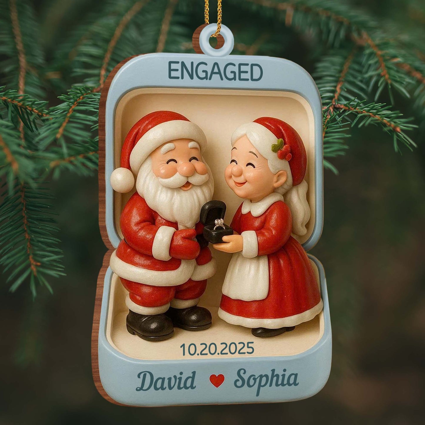 Engagement Christmas Holiday Ornament With Santa Claus Figures