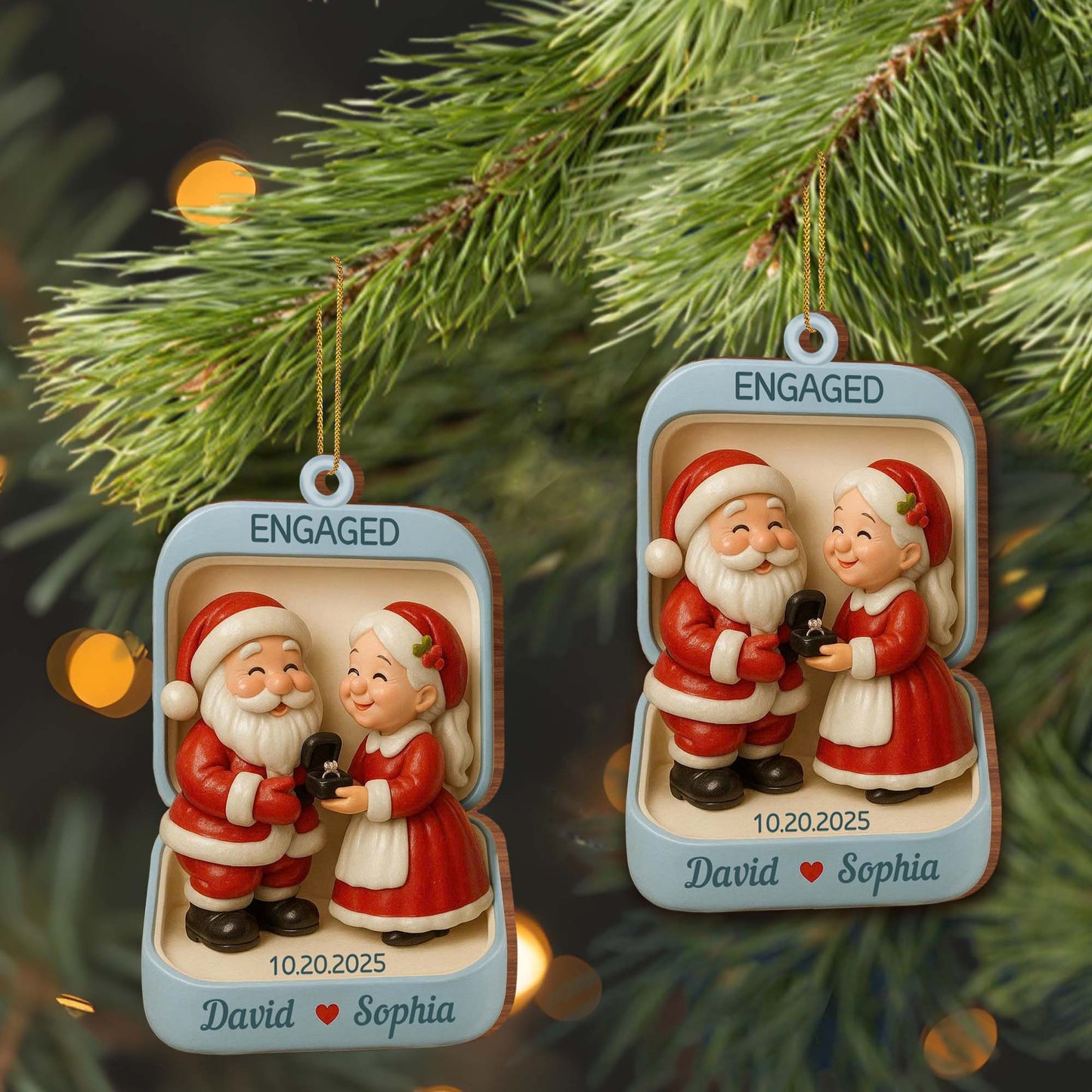 Engagement Christmas Holiday Ornament With Santa Claus Figures