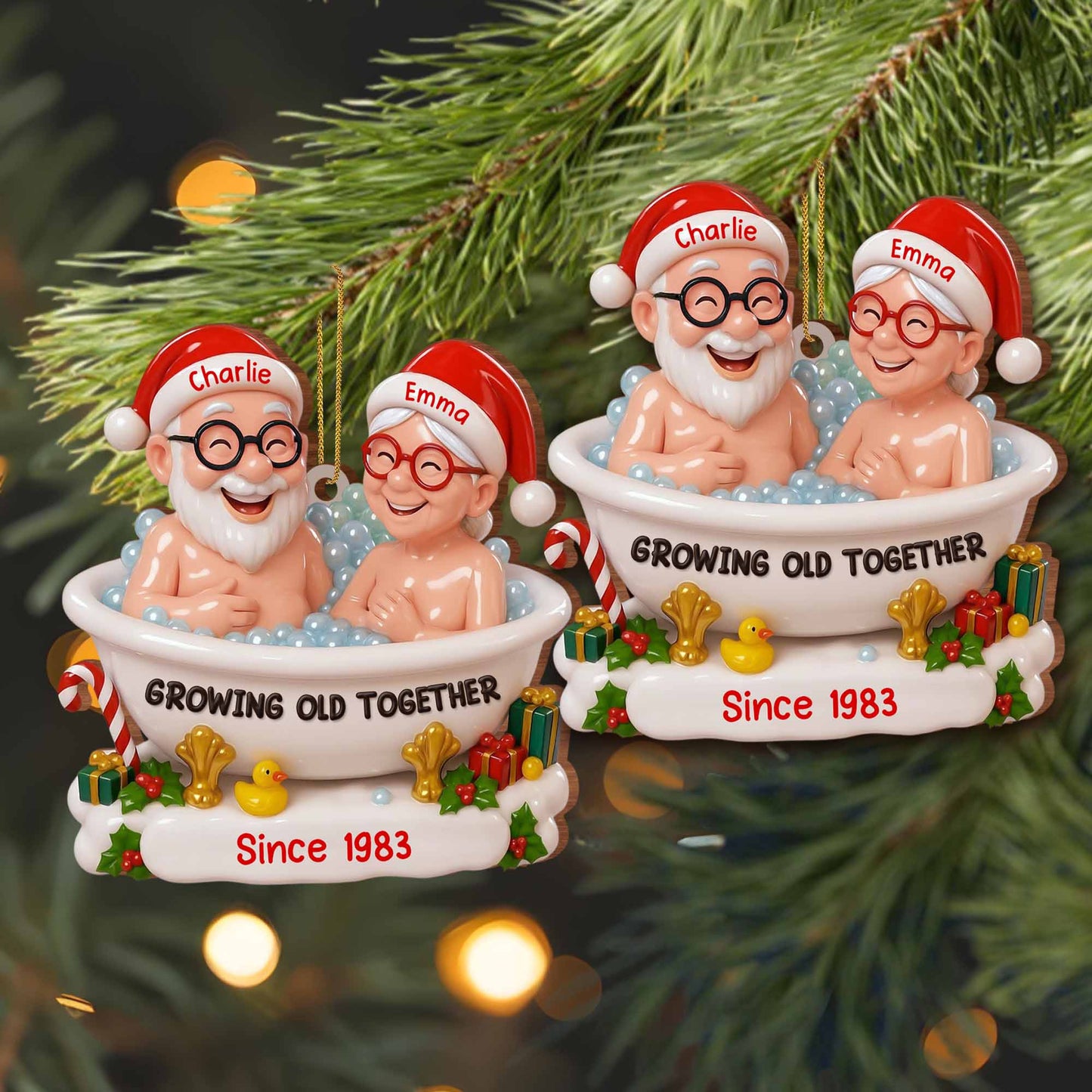 Growing Old Together With Santa Hats And Gifts