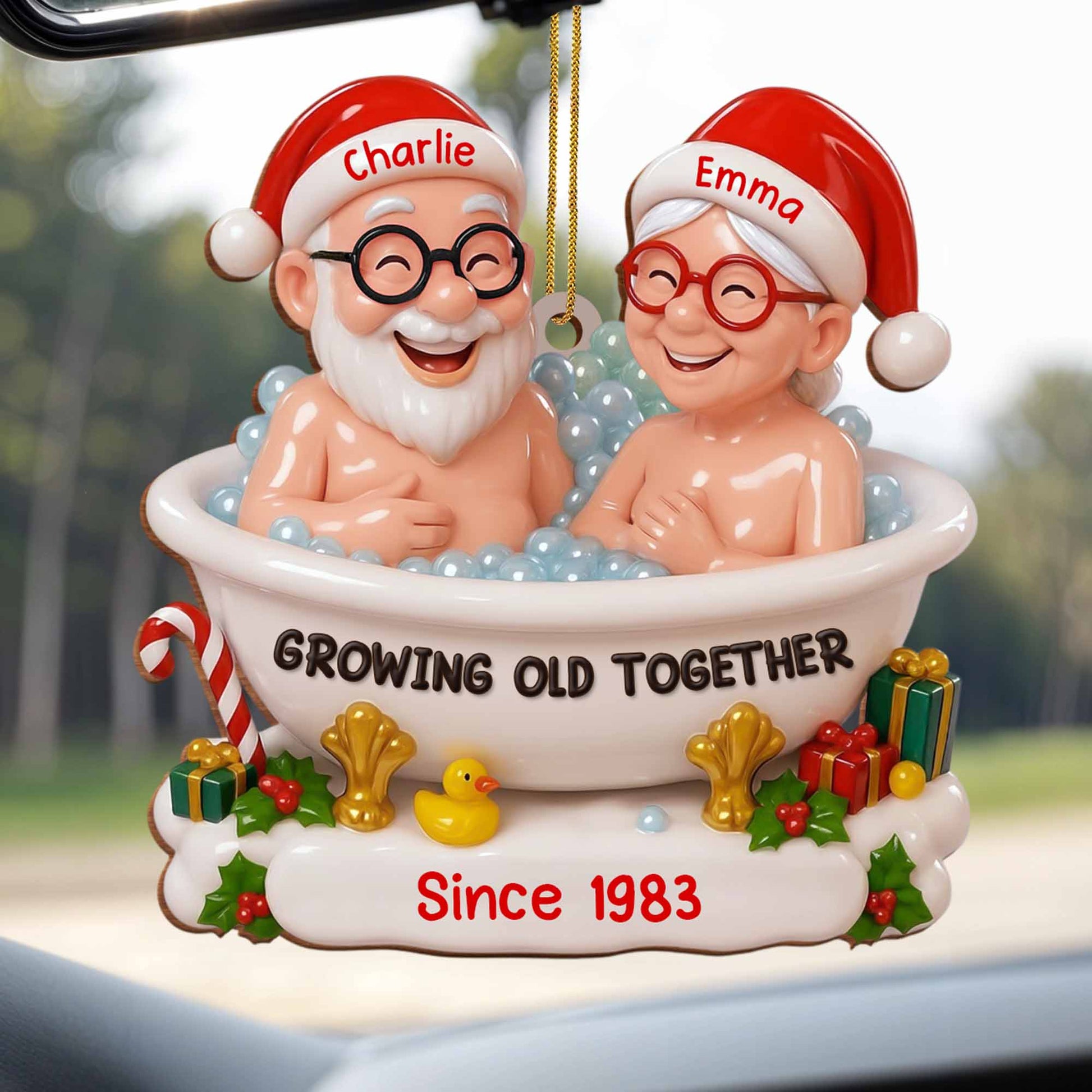 Growing Old Together With Santa Hats And Gifts